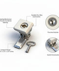 Heavy Duty Zinc Alloy Cam Lock For Cabinets And Drawers with key on white background, 3.27x3.27x1.57 inches, precision keyhole
