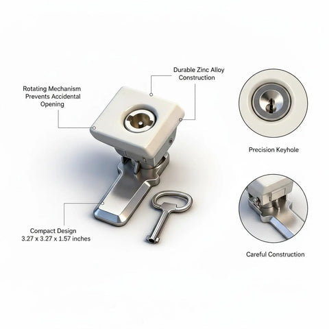 Heavy Duty Zinc Alloy Cam Lock For Cabinets And Drawers with key on white background, 3.27x3.27x1.57 inches, precision keyhole