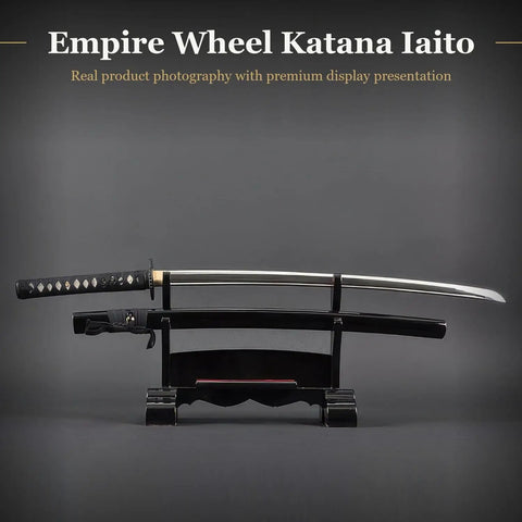 Katana Iaito For Iaido Training With Unsharpened Stainless Steel 28 Inch Blade on display stand