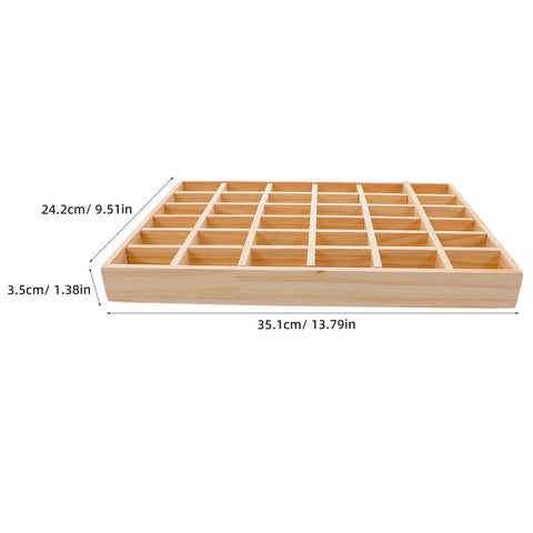 Top Tier Solid Wood Jewelry Tray Organizer with 36 grids, measuring 35.1cm x 24.2cm, ideal for travel or countertop display.