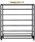 Heavy Duty Rolling Metal Storage Rack With Adjustable Shelves Caster Wheels And Ten Hanging Bars front view with ten hanging rods.