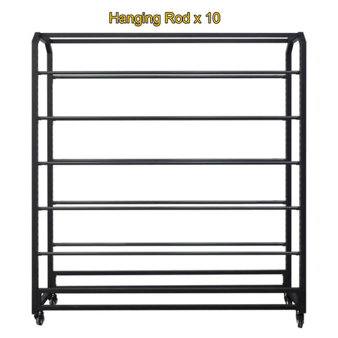 Heavy Duty Rolling Metal Storage Rack With Adjustable Shelves Caster Wheels And Ten Hanging Bars front view with ten hanging rods.