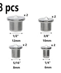Dowel Center Finder Set For Woodworking Eight Piece Precision Drill Guide Pins in various sizes, durable steel, rust-proof.