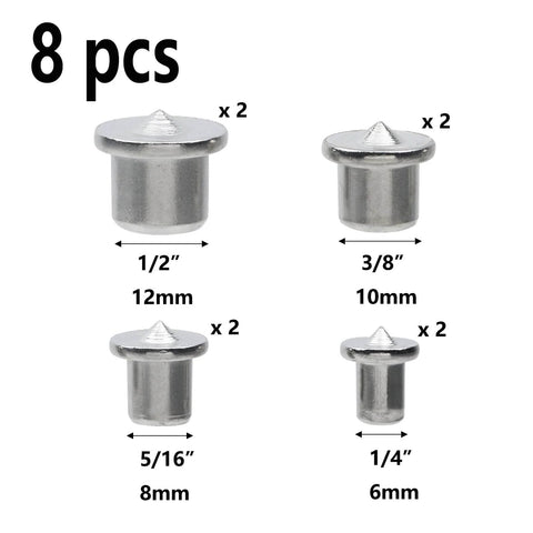 Dowel Center Finder Set For Woodworking Eight Piece Precision Drill Guide Pins in various sizes, durable steel, rust-proof.
