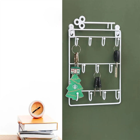 Heavy Duty Iron Wall Coat Rack With Eleven Sick And Sturdy Key And Bag Hooks For Front Door Organization, featuring white finish.