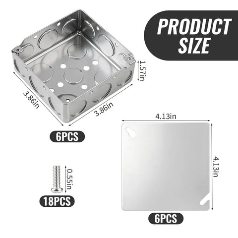 6-Pack 4x4 Inch Square Electrical Boxes With Covers And Mounting Accessories, Heavy Duty Steel Junction Boxes For Indoor Outdoor Wiring, Secure Organized Projects And Easy Mounting. 6-piece steel box with cover, 3.86in x 3.86in x 1.57in