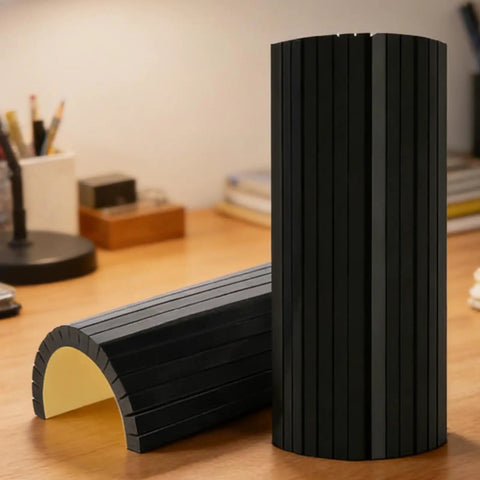 Heavy Duty Self Adhesive Garage Wall Corner Guard With Thick Eva Foam Pad To Shield Your Rig Door From Bad Hits And Bumper Scrapes Quick Peel Stick Edge Padding shown in cylindrical and curved forms on a table.