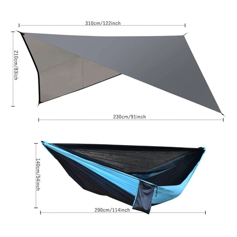 Camping Hammock With Built In Mosquito Net And Rain Fly, Heavy Duty Tree Straps, Nylon Parachute Fabric, size dimensions shown
