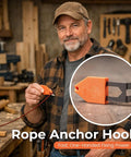 Rope Anchor Hook One Handed Operation shown in use by a man in a workshop, highlighting compact and durable design.
