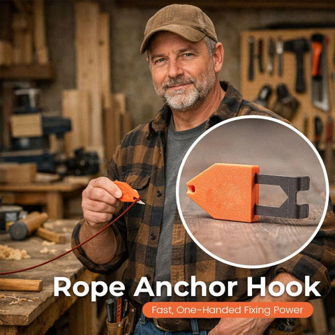 Rope Anchor Hook One Handed Operation shown in use by a man in a workshop, highlighting compact and durable design.