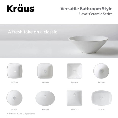 Elavo Ceramic Square Semi-Recessed Bathroom Sink With Overflow And Pop Up Drain In Chrome White displayed among sink options.