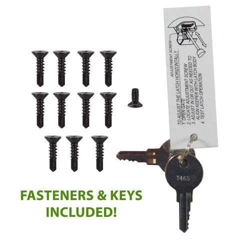 Fasteners and keys for Magnetic Pool Safety Gate Latch For 20 Inch Tall Black Gate, Keyed Alike