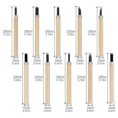 Pro Grade Ten Piece Wood Carving Chisel Set Forged From Heat Treated Chrome Vanadium Steel With Comfortable Wooden Handles, showing detailed chisels