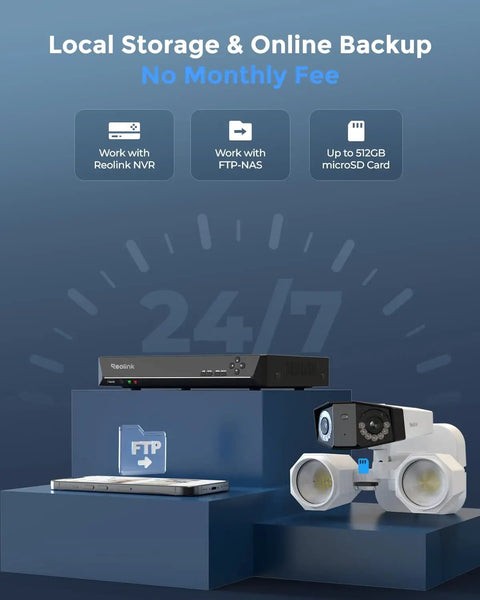 Slick 4K PoE Outdoor Security Camera Duo with Tough Built In Led Floodlight for storage and online backup features.