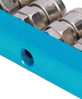 Close-up of G1/4 Aluminum Air Distribution Block With Straight Air Hose Splitter Pneumatic Manifold And Connector SML-5