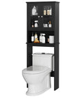 Over The Toilet Storage Cabinet For Bathroom, Black Space Saver With Two Tempered Glass Doors, Wood Construction CARB P2 Compliant Moisture Resistant Open Shelf And Enclosed Cabinet above a toilet