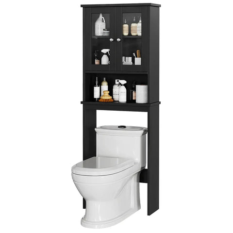 Over The Toilet Storage Cabinet For Bathroom, Black Space Saver With Two Tempered Glass Doors, Wood Construction CARB P2 Compliant Moisture Resistant Open Shelf And Enclosed Cabinet above a toilet