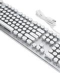 Badass 104 Key Mechanical Gaming Keyboard For PC Featuring Slick White Round Keys Durable Build Fire Multi Color Backlights Ergonomic Retro Punk Design Fast Reaction Speeds For Pro Gamers Who Crave Top Gear, showcasing 104 round keys and USB connection.