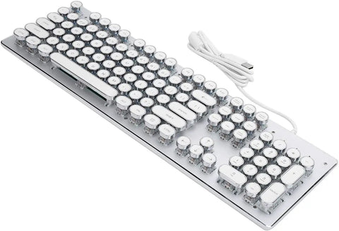 Badass 104 Key Mechanical Gaming Keyboard For PC Featuring Slick White Round Keys Durable Build Fire Multi Color Backlights Ergonomic Retro Punk Design Fast Reaction Speeds For Pro Gamers Who Crave Top Gear, showcasing 104 round keys and USB connection.