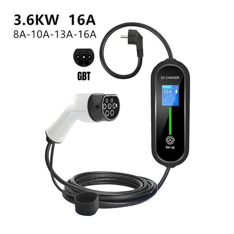 On The Go Powerhouse Plug And Play Portable EV Charger With 16 Amp 3.6 Kilowatt Output For Type One Type Two Gbt Connectors showing plug and display.