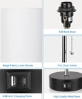 Close-up view of Three Color Temperature Bedside Lamp components, including fabric shade, bulb base, USB ports, and metal base.