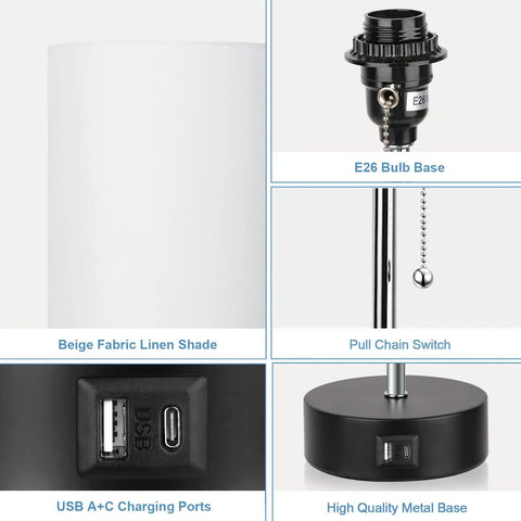 Close-up view of Three Color Temperature Bedside Lamp components, including fabric shade, bulb base, USB ports, and metal base.