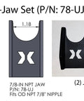 Illustration of 7/8-in Uni Jaw Set with two jaws for quick coupler work, part number 78-UJ, fits OD NPT 7/8' nipple.