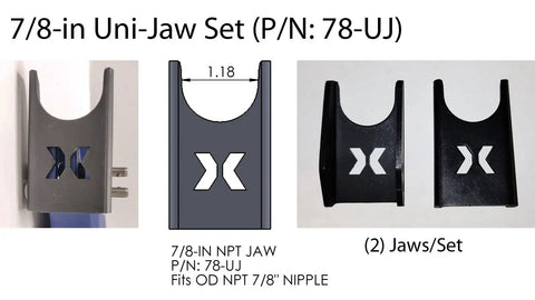 Illustration of 7/8-in Uni Jaw Set with two jaws for quick coupler work, part number 78-UJ, fits OD NPT 7/8' nipple.