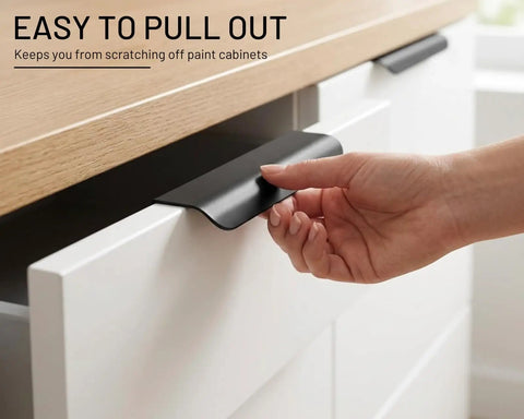 Distinctive Style Black Cabinet Handles Set, 5.9-Inch Aluminum Finger Pulls in use on a white drawer for easy opening