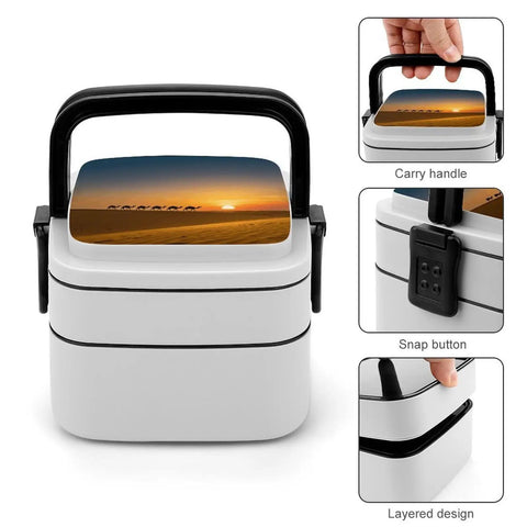 Desert Camel Silhouette Bento Box For Adults 1000ml Double Layer Leakproof Lunch Box with Spoon and Handle, showing design and features