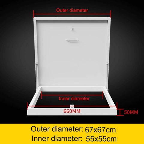 Heavy Duty Roof Access Hatch With Hasp Lock Weatherproof Aluminum Skylight Cover For Attic Or Warehouse Ceilings Outdoor Maintenance Access Door 60x60 CM Waterproof Rustproof Easy Lock And Secure Design, outer view with size labels