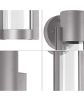Close-up of Modern Outdoor LED Sconce In Gray, Compact 12X5 Inch Wall Light with metallic frame and clear glass diffuser.