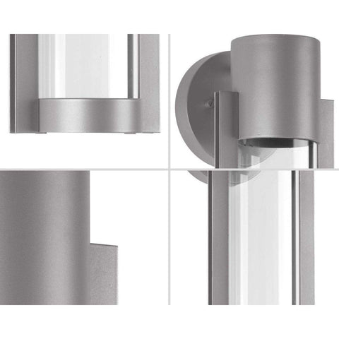 Close-up of Modern Outdoor LED Sconce In Gray, Compact 12X5 Inch Wall Light with metallic frame and clear glass diffuser.