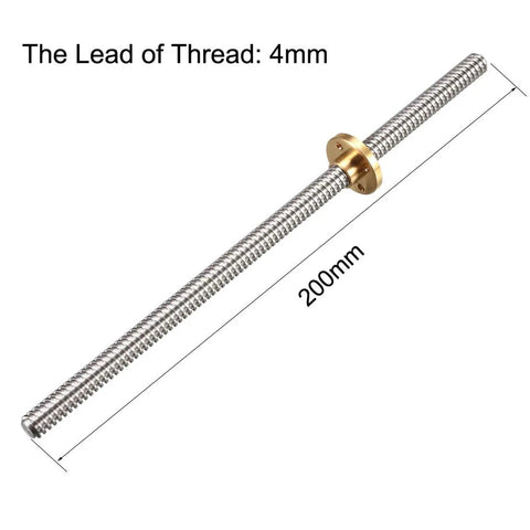T8 Lead Screws 200mm Long 8mm Diameter 4 Lead Stainless Steel Threaded Rod With Copper Nut Trapezoidal Thread For 3D Printer