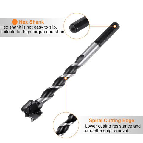 Professional Grade Tungsten Carbide Forstner Drill Bit, 3/4 Inch Diameter, showcasing hex shank and spiral cutting edge.