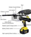 Heavy Duty Electric Fish Tape Puller And Straight Shooting Wire Threader Tool showing rubber handle, aluminum gearbox, and battery.