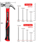 Ultra Handy 560 Piece Nails And Hammer Set With 8oz Hammer And 10ft Tape Measure For Picture Hanging Woodworking Home Decor And DIY Projects Wall Nails And Finish Nails Kit For Small Projects, showing 8oz hammer dimensions and nail sizes.