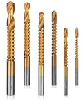 Badass Titanium Drill Bit Set Featuring Serrated Side Cutting Blades Six Piece Kit Spanning Three To Eight Millimeters for woodworking and metalwork.