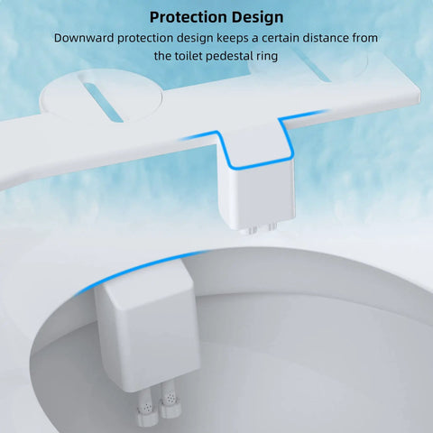 Non Electric Toilet Bidet Attachment With Dual Self Cleaning Retractable Nozzles And Adjustable Water Pressure Cold Water Wash For Superior Rear Hygiene And No Fuss Easy Install Space Saving Toilet Seat Accessory above toilet bowl, angled view.