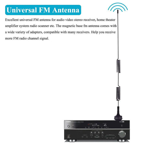 Universal FM Antenna With Magnetic Base 75 Ohm Screw F Male Plug PAL BNC 3 5mm Adapters And 75 To 300 Ohm Coax Cable For AV Receiver Indoor Home Theater Stereo shown on top of a stereo receiver.