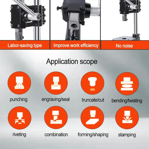 Diagram showing functions of Heavy Duty Leather Hole Puncher For DIY Leather Crafting including punching, stamping, and riveting.