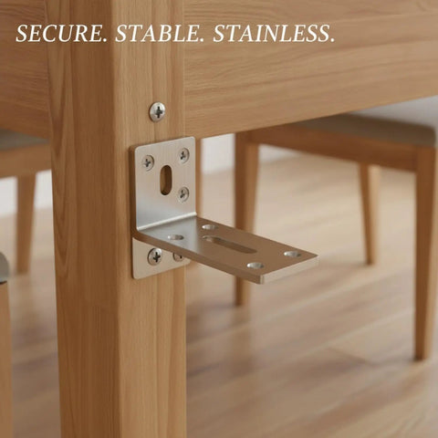 Beefy Heavy Duty Stainless Steel L Bracket For Furniture Repair And Cabinet Reinforcement installed on corner of wooden furniture