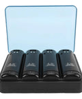 Four In One Remote Charging Station For Controllers With Four 2800mAh Rechargeable Batteries USB Cable And LED Indicator Dock Gamers Love This Ultra Handy USB Powered Charger Stand showing four slots filled with batteries and a hinged cover.