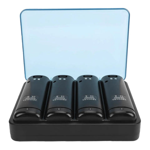 Four In One Remote Charging Station For Controllers With Four 2800mAh Rechargeable Batteries USB Cable And LED Indicator Dock Gamers Love This Ultra Handy USB Powered Charger Stand showing four slots filled with batteries and a hinged cover.