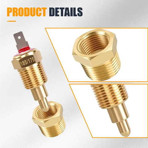 Electric Cooling Fan Thermostat Switch For Auto Radiator Temperature Sensor Switch Three Eighths Inch Pipe Thread Fits 10 Inch 12 Inch 14 Inch 16 Inch Fans Gold brass thermostat with 3/8 inch threaded adapter