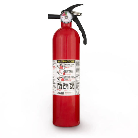 Get Your House Fortified With This Killer Set Of Seven Red Multipurpose Fire Extinguishers Rated 1-A 10-B-C Including A Sturdy Cleaning Cloth To Keep Your Gear Looking Sharp And Always Ready When You Need It Most. Red fire extinguisher with instructions and pressure gauge.