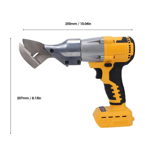 Depisuta Cordless Electric Metal Shears With 360 Degree Rotating Head And Alloy Blades For Cutting Stainless Steel Iron Sheet Leather Carpet Fast Continuous Power Tool Safe Lock side view with dimensions