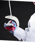 Pro Grade Fencing Hand Guards For Practice And Competition, silver guard worn on hand holding epee, protective gear in action.