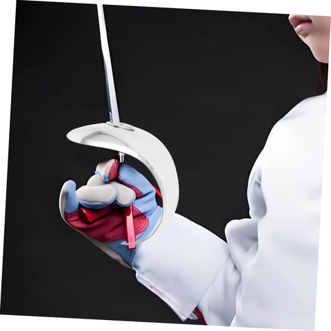 Pro Grade Fencing Hand Guards For Practice And Competition, silver guard worn on hand holding epee, protective gear in action.