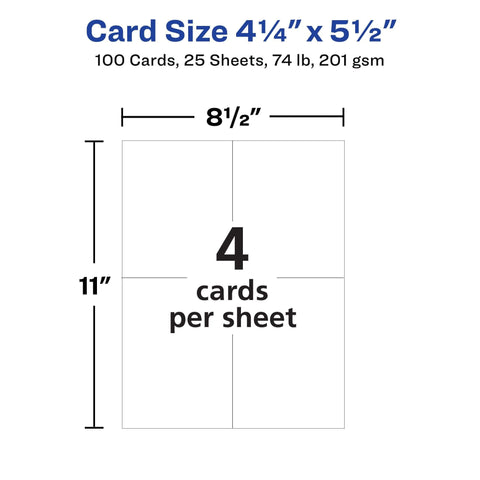 Avery printable postcards layout: four 4¼ x 5½ inch cards per 8½ x 11 inch sheet